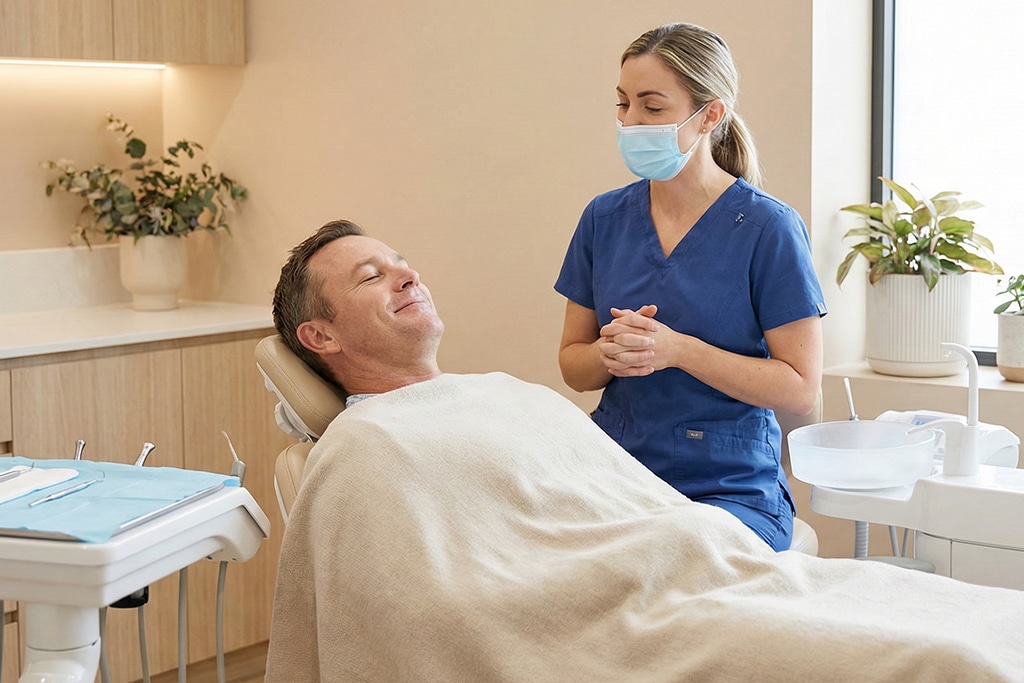 pain-free dentistry going on by dentist in dental nook
