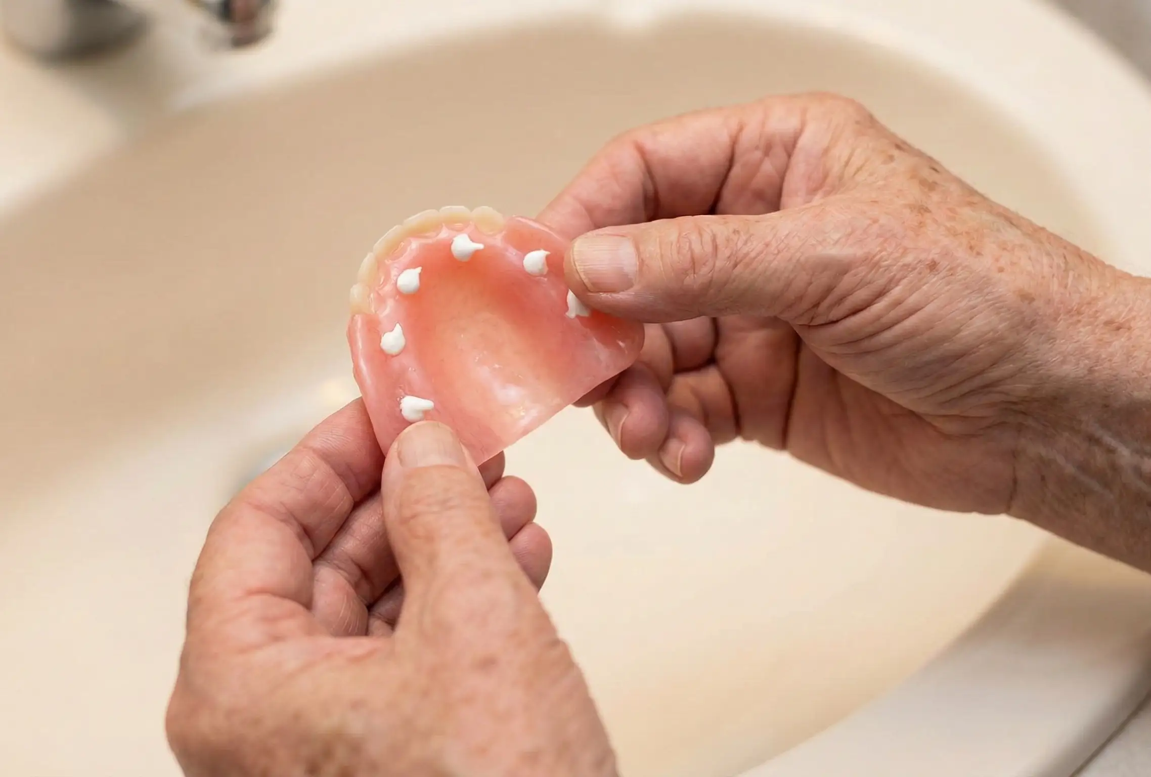 An older adult’s hands hold a removable denture with denture adhesive applied in small dots or thin strips on the underside (gum-facing surface) of the denture. The adhesive is clearly visible on the pink denture base, not on the teeth or biting surface. The denture appears clean and well-maintained.