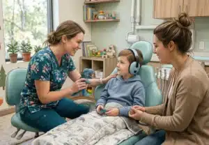 helping autistic kid in dental checkup