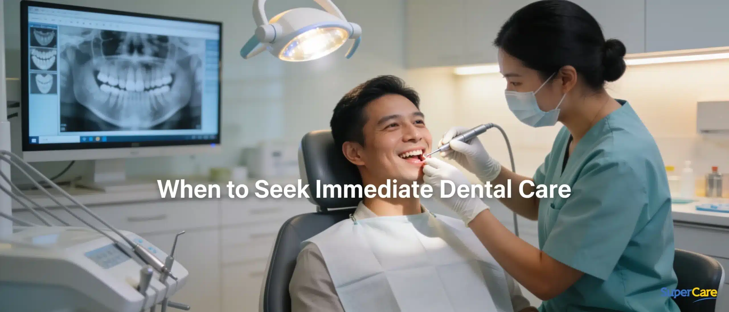 Dental professional examining patient's teeth in Brisbane clinic, X-ray display and modern dental equipment.