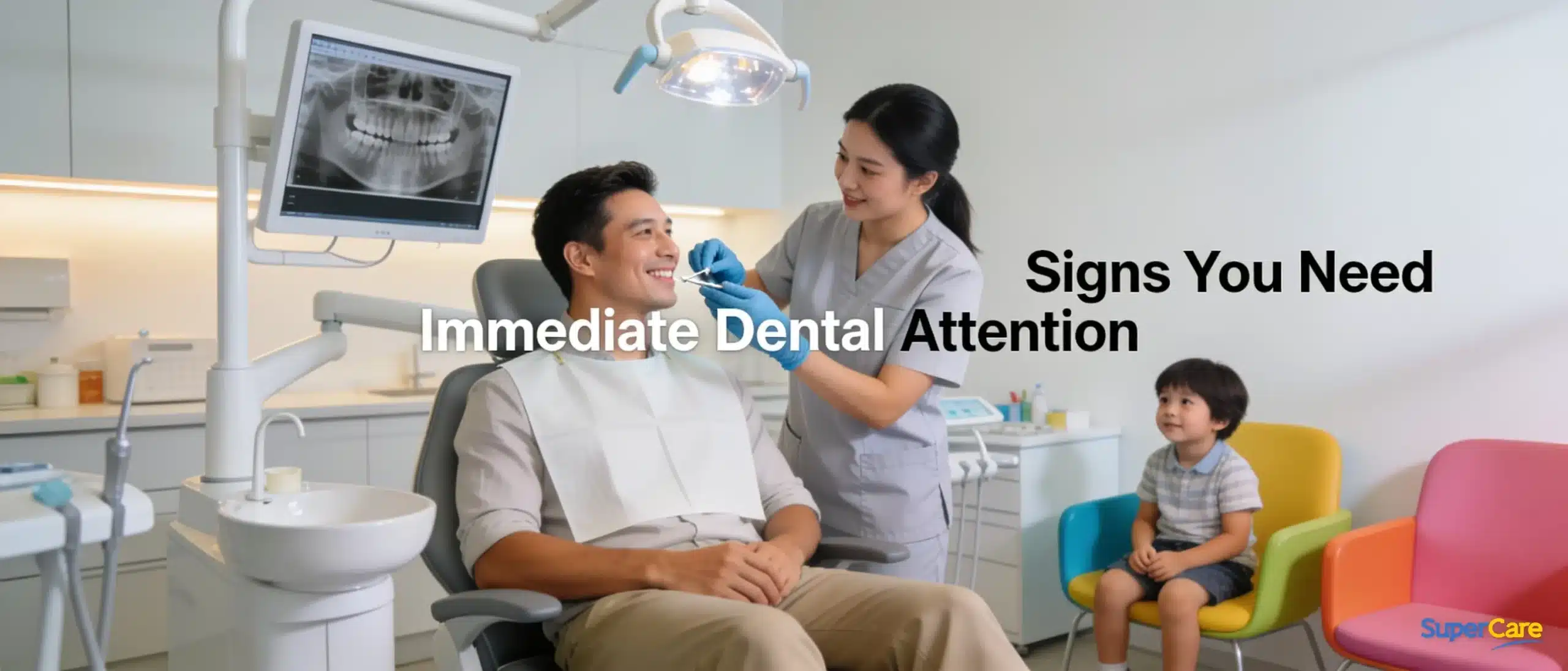 Dental examination in Brisbane clinic, dentist assisting patient and child, signs of immediate dental attention.