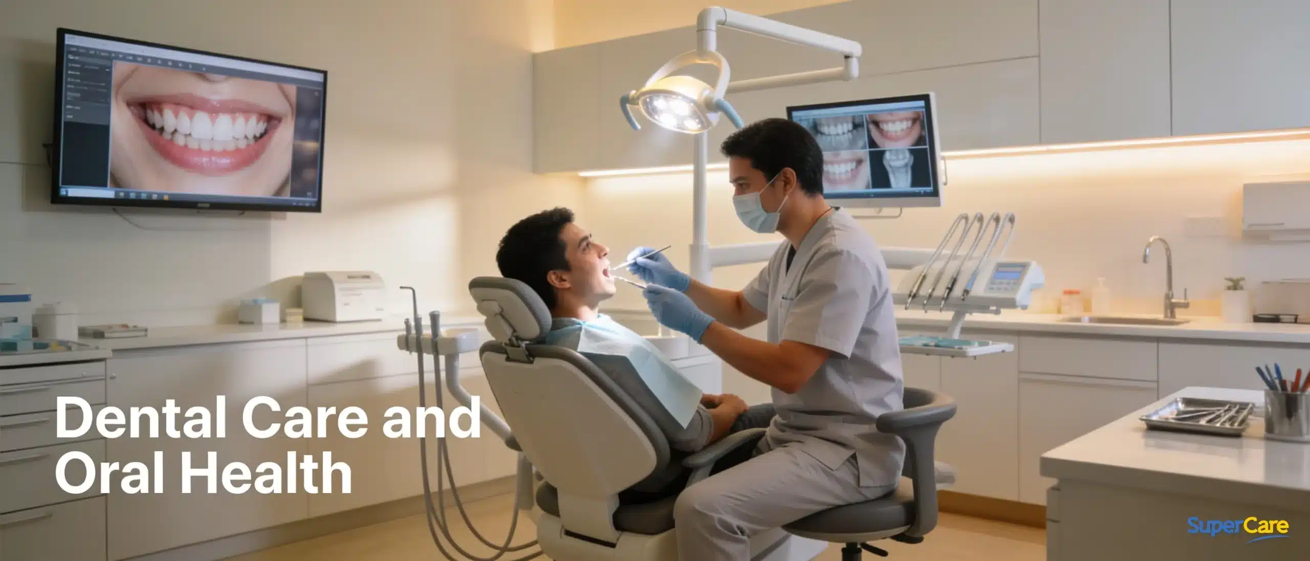 Dental clinic interior with dentist examining patient and screen displaying healthy smile.